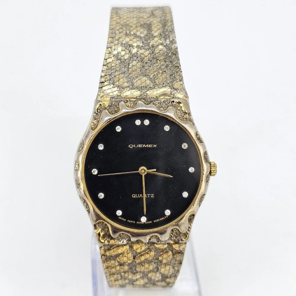 VTG QUEMEX Nugget Watch 32MM Black Dial‎ Gold Tone Bands Up to 7